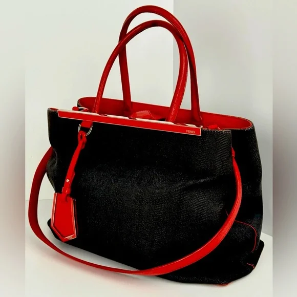 Fendi Navy Denim/Red Leather Medium 2Jours Tote - Picture 1 of 15